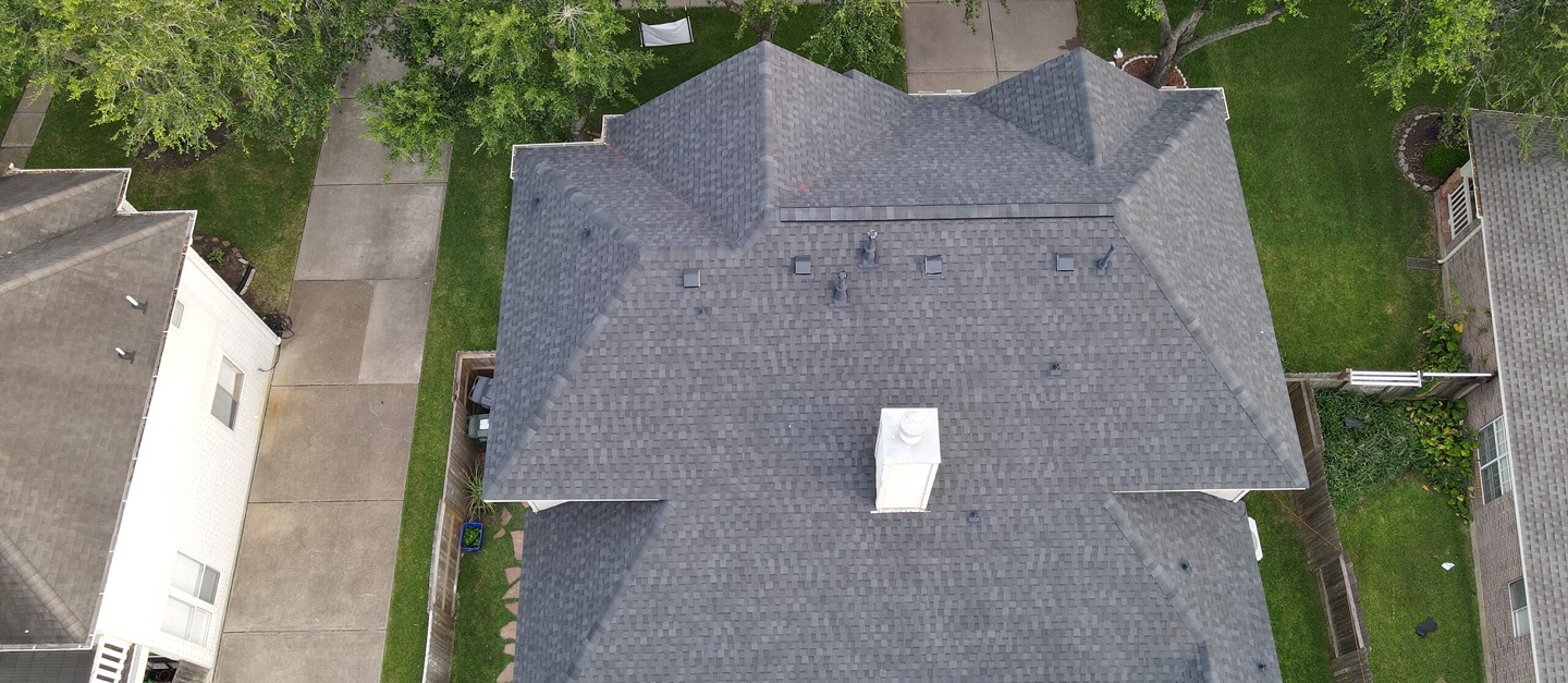 Aerial view of residential roofs